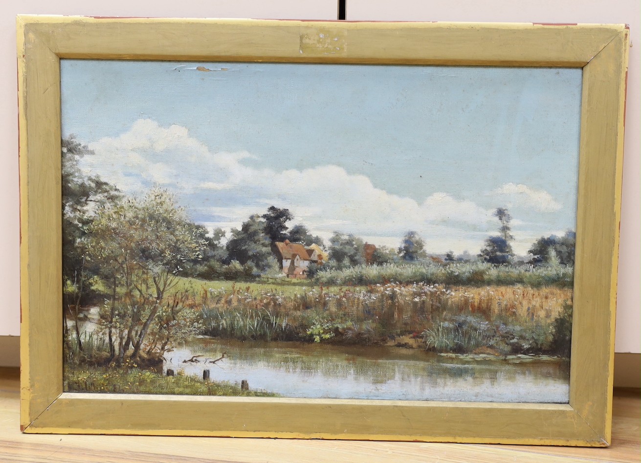 Miss Florence White (fl.1895-1930), oil on canvas, River landscape, signed and dated '84, 30 x 45cm